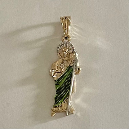 18K Gold Plated San Judas-green pendant 2.25-in