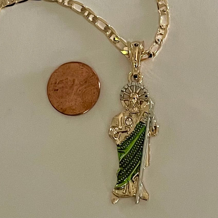 18K Gold Plated San Judas-green pendant 2.25-in