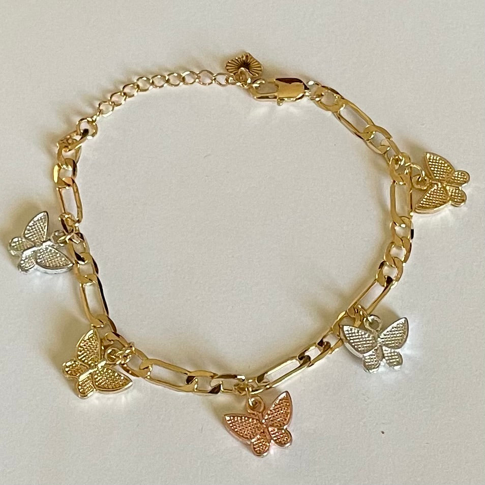 18K Gold Plated Butterflies Figaro Bracelet Adjustable