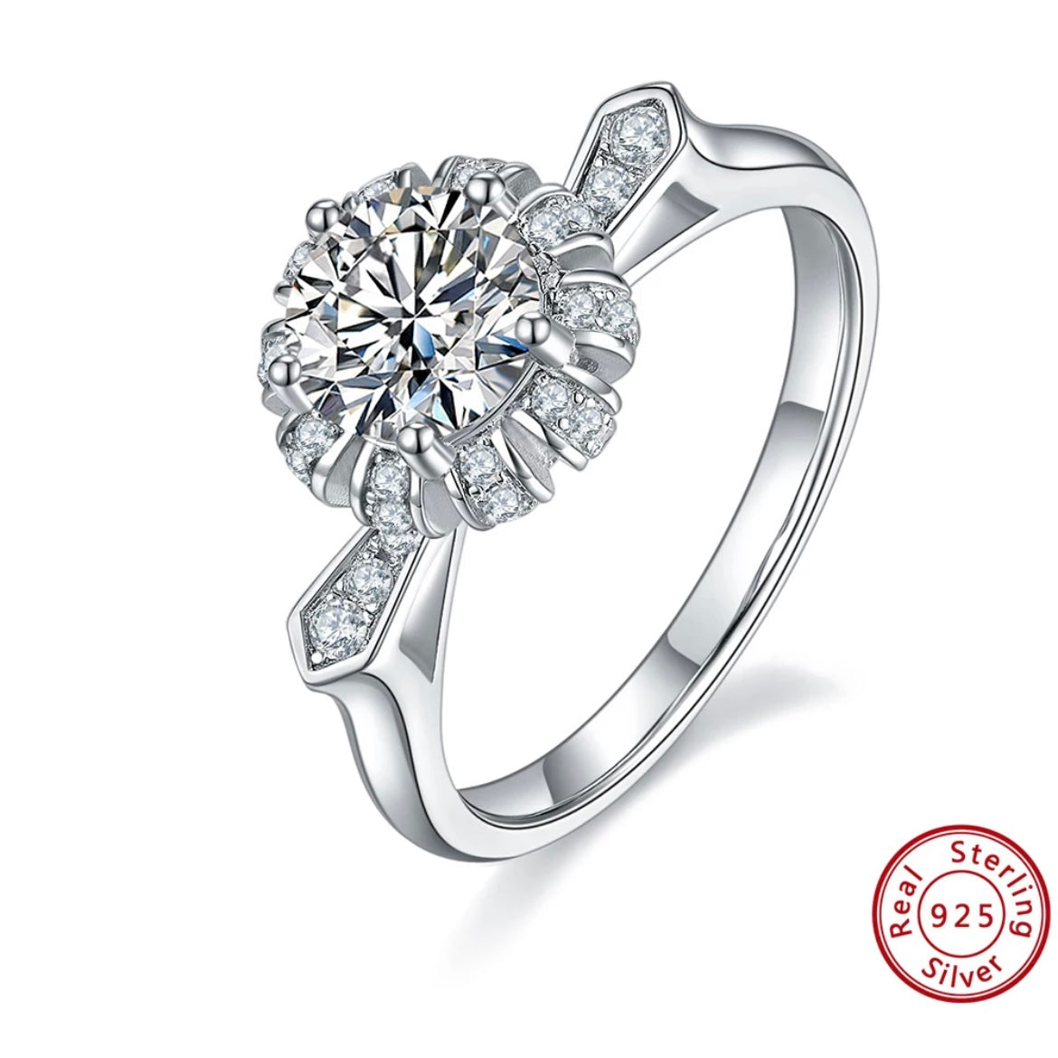 Rhodium on Silver Moissanite Diamond Ring