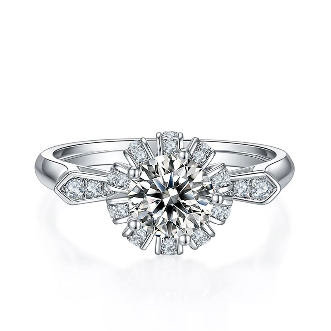 Rhodium on Silver Moissanite Diamond Ring